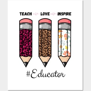 Teach Love Inspire, Back To School Pencil Educator Leopard Floral Gift For Teacher Posters and Art